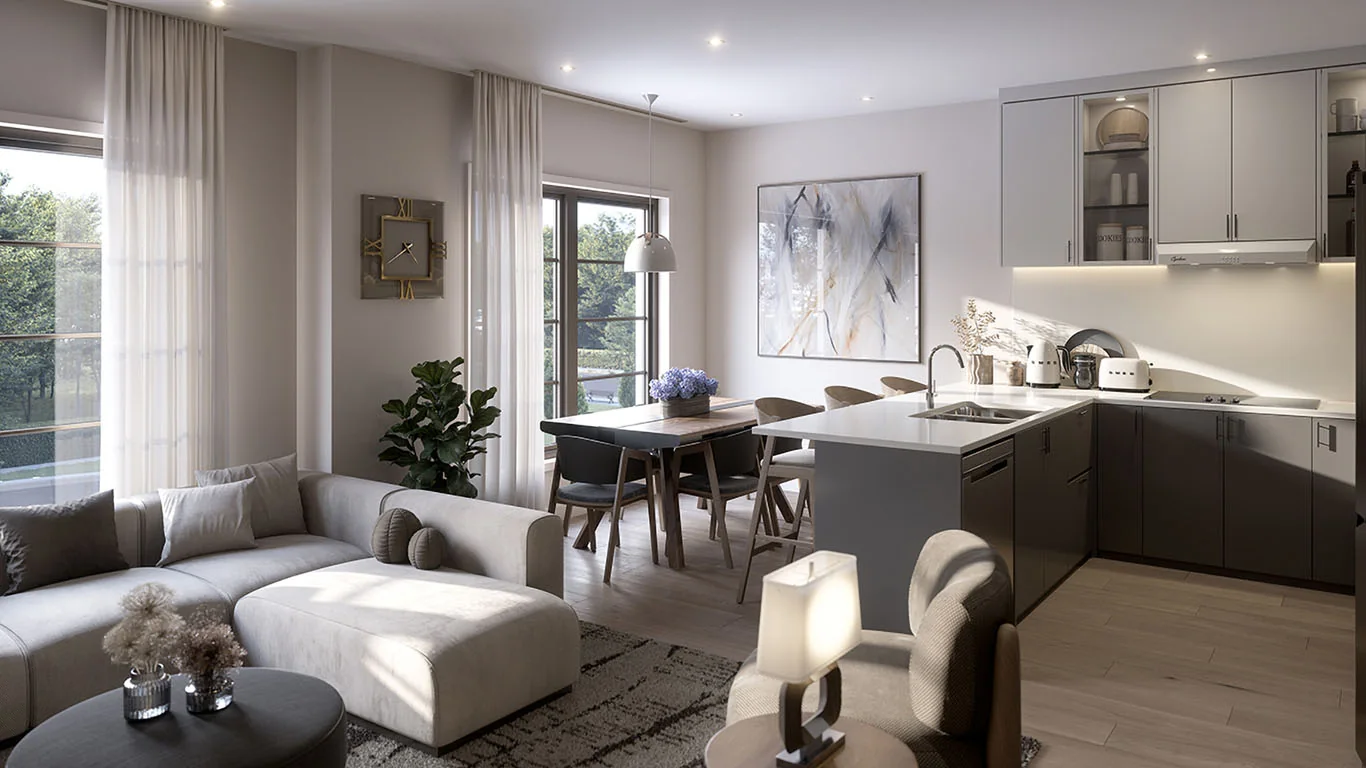 Artist concept of a Garden Series kitchen and living room at 180 Towns