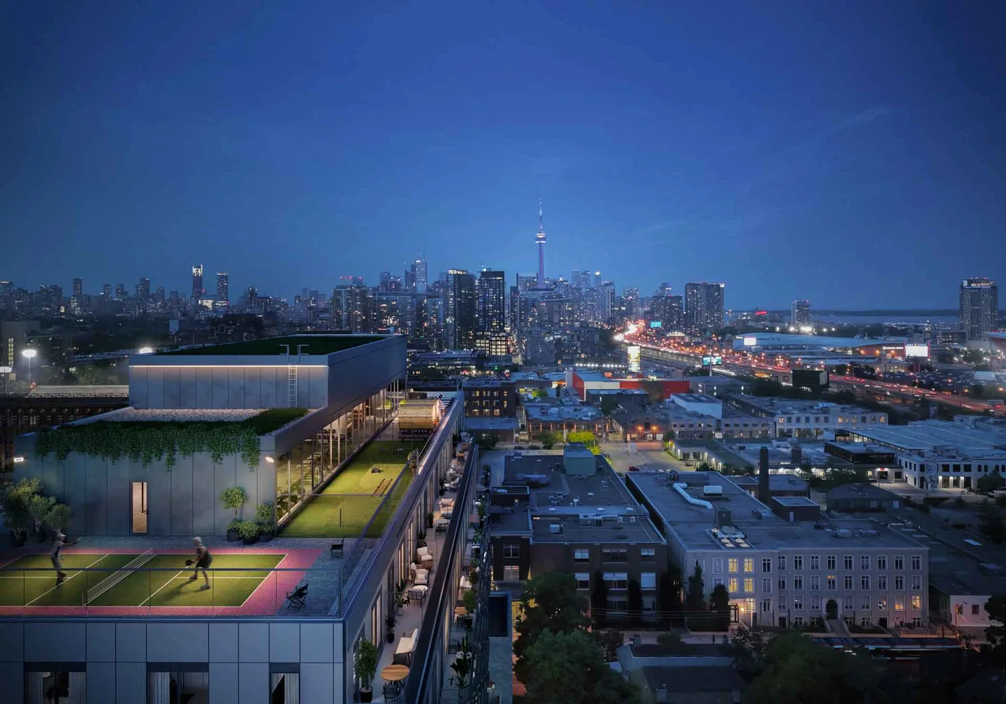 Artist’s concept of 8 Temple’s proposed rooftop pickleball court and outdoor amenities.