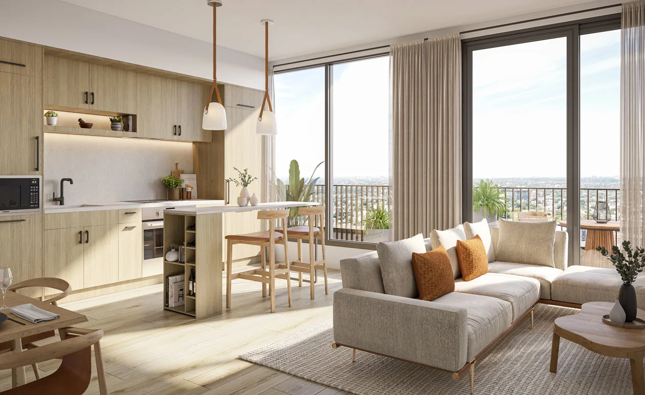 Artist’s concept of an AKRA living area and kitchen.