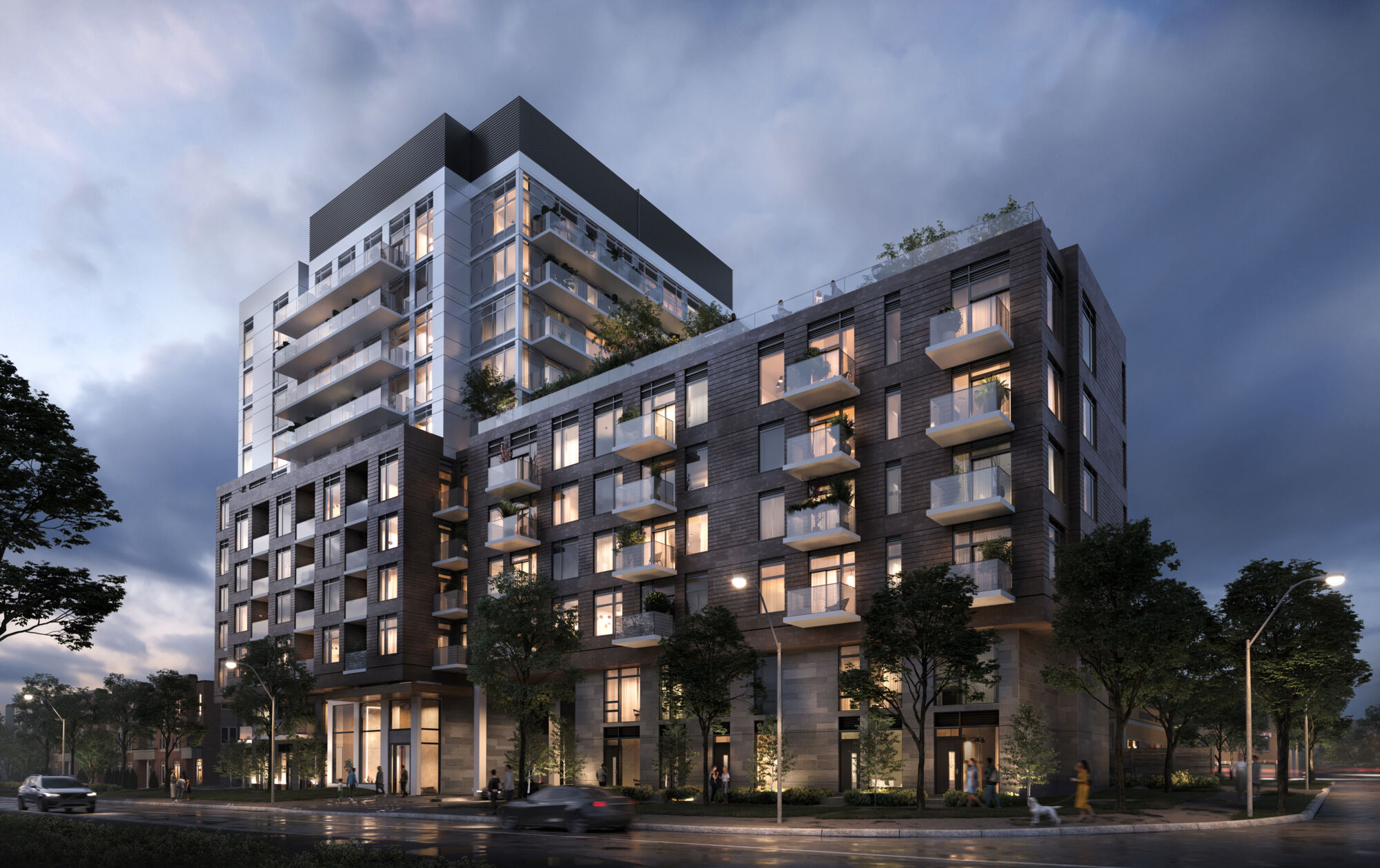 Artist’s concept of the BLVD. Q condominium exterior at dusk.