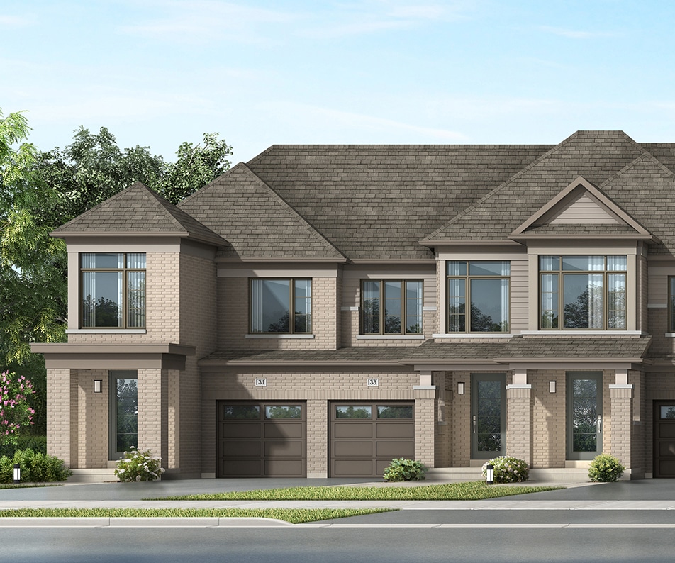 Cachet Binbrook rendering showing a row of two-storey brick townhomes with attached garages.