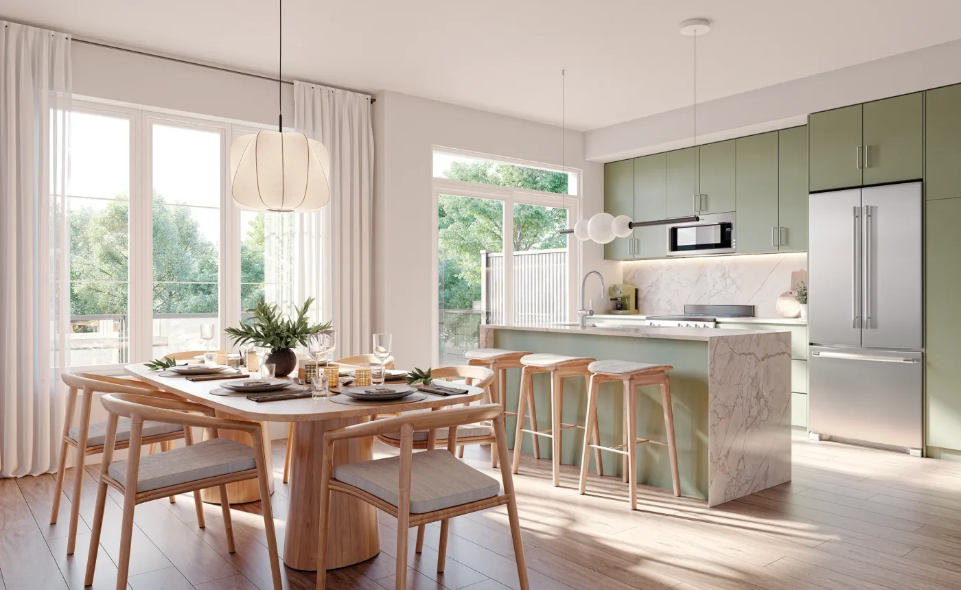 Creekview Collective kitchen and dining rendering with green cabinetry and an island
