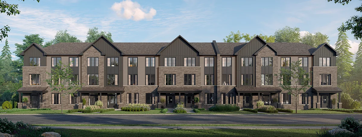 Artist’s concept of Creekview Collective three-storey rear-lane townhome fronts