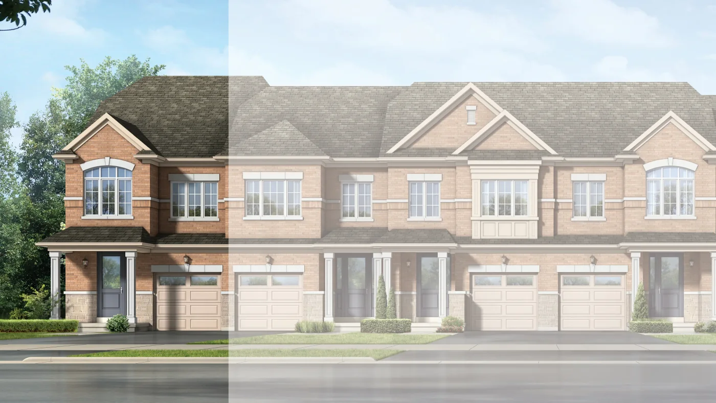 Dreamfields Holland townhome elevation A highlighted within a rendered streetscape