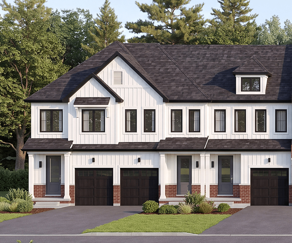 Everstone farmhouse-style townhome rendering showing white siding, brick accents and attached garages.