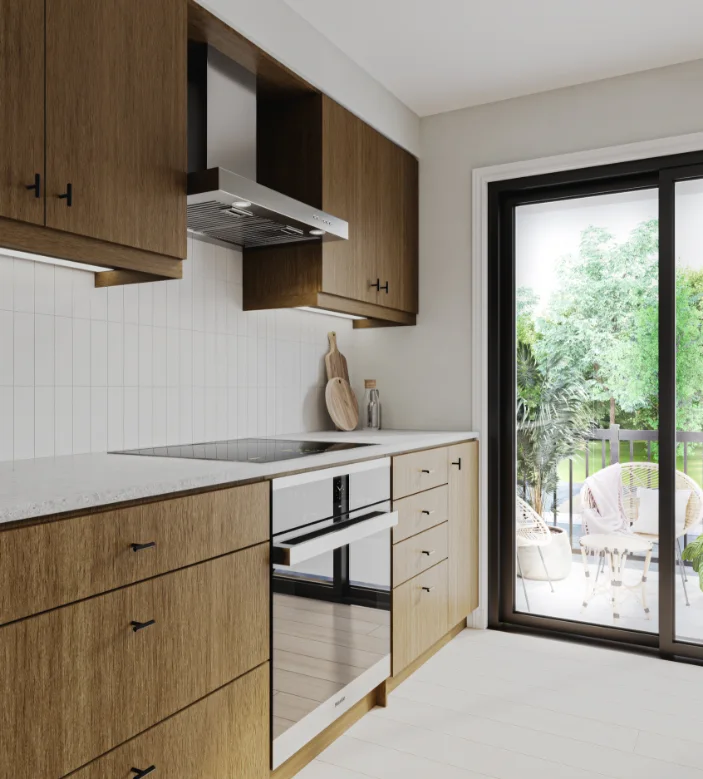 Kitchen rendering with wood cabinetry and a glass door opening onto an outdoor patio