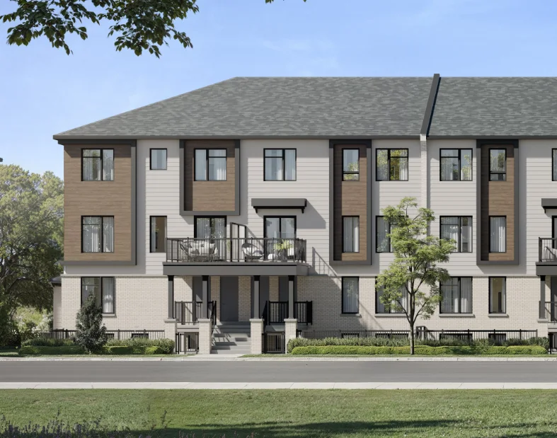 Artist’s concept of stacked Urban Townhomes with individual entrances and balconies