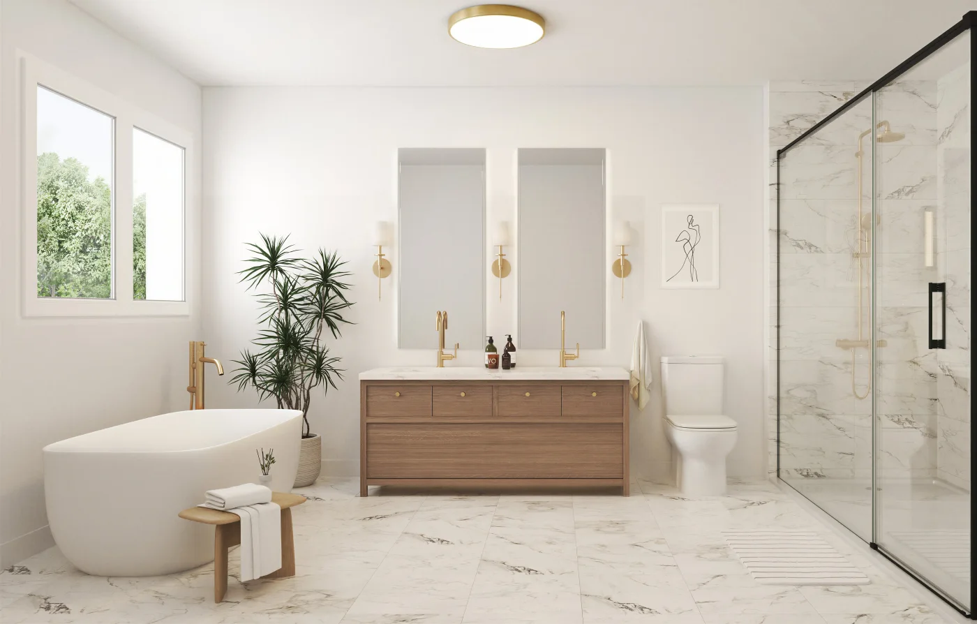 Kingshaven ensuite rendering with freestanding bathtub, double vanity and glass shower
