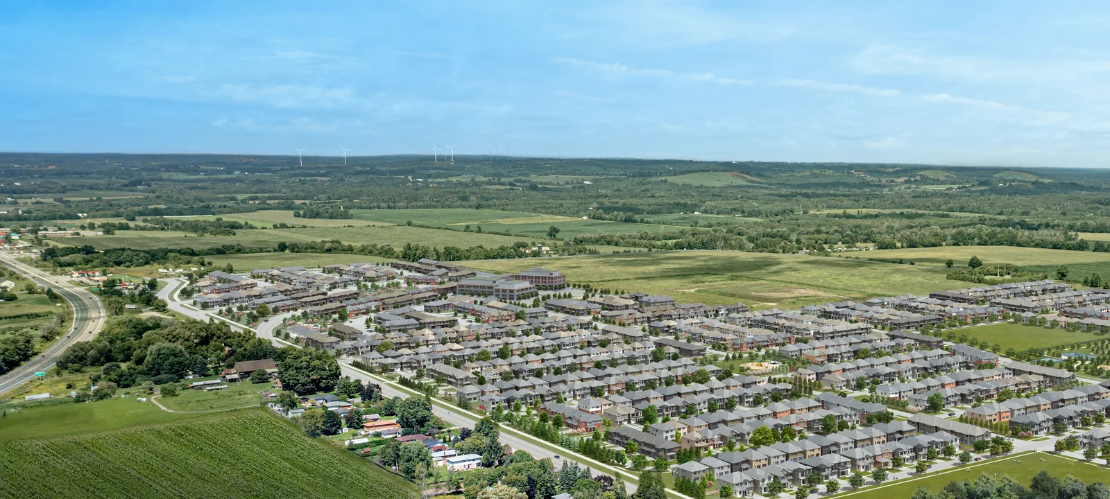 Artist’s aerial concept showing the proposed Newbrook community and surrounding Newcastle landscape.