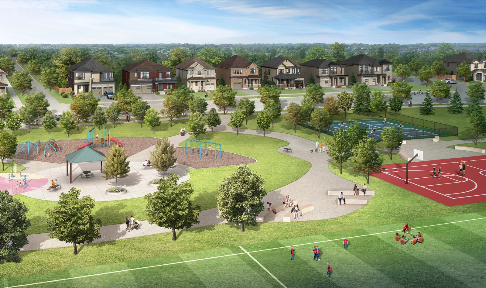 Artist’s concept of a proposed Newbrook park with play areas, sports courts and nearby detached homes.
