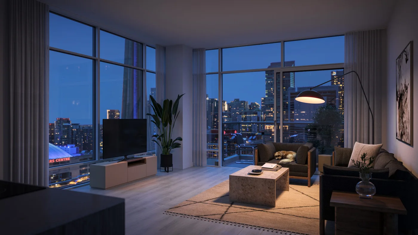 Q Tower north-facing suite rendering with a furnished living room and balcony