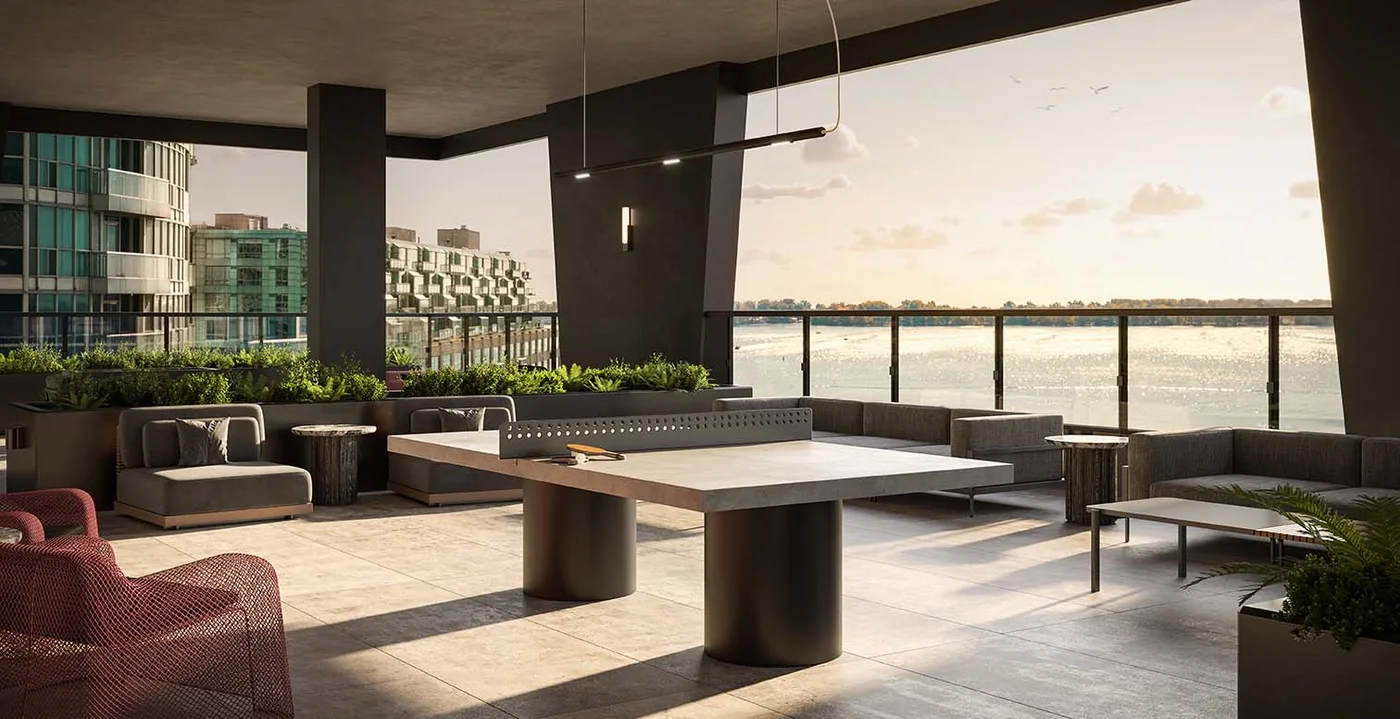 Q Tower outdoor social lounge rendering with seating and a table-tennis table overlooking the waterfront