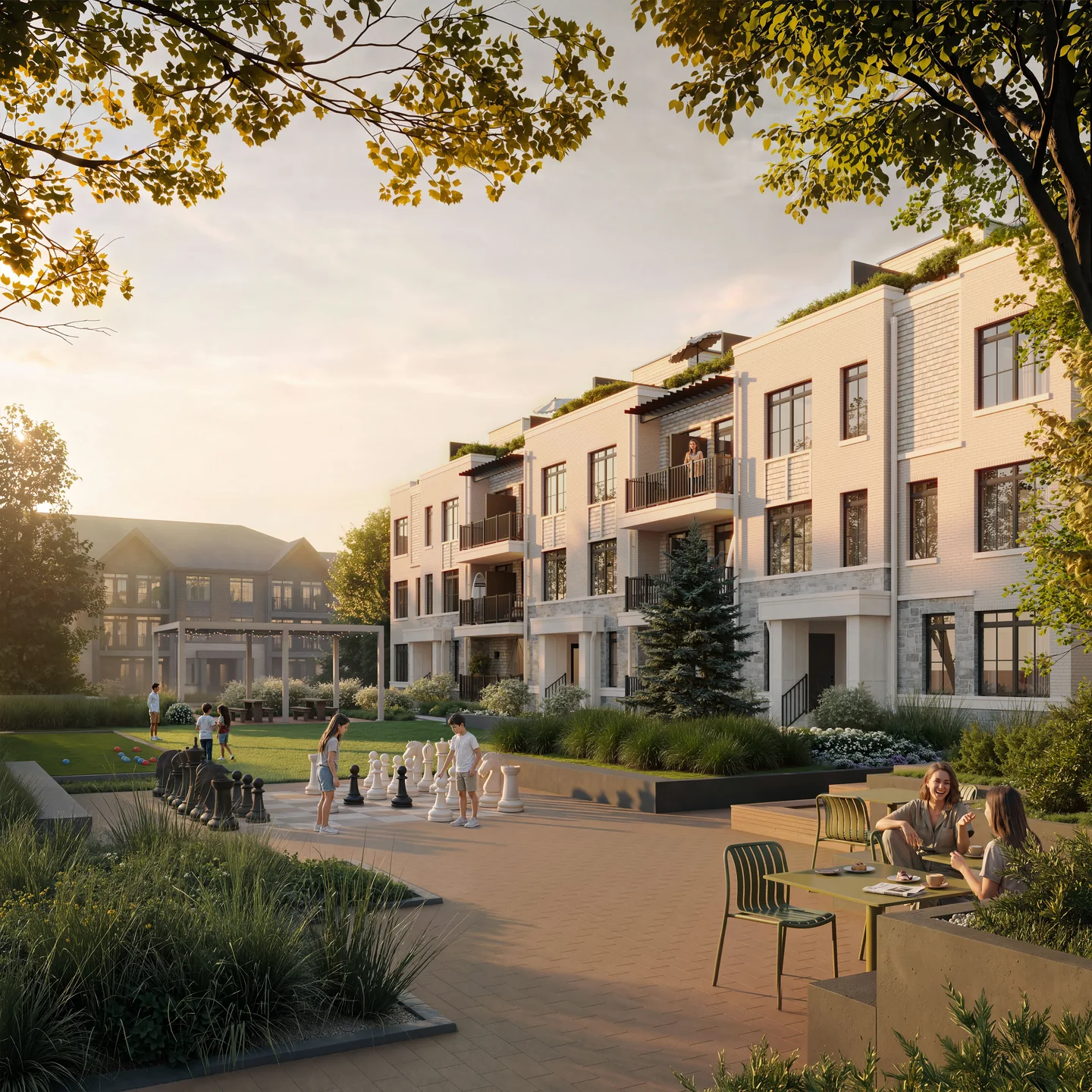 Artist’s concept of a landscaped gathering space beside South Banks townhomes.