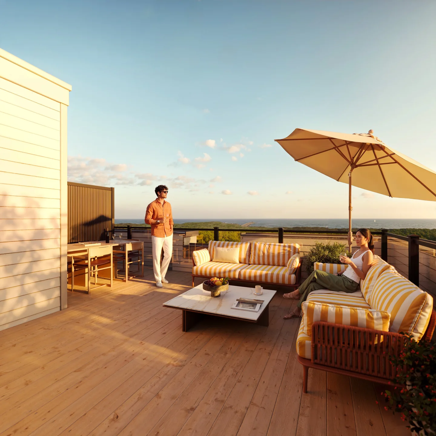 Artist’s concept of a furnished South Banks rooftop terrace with a distant lake view.