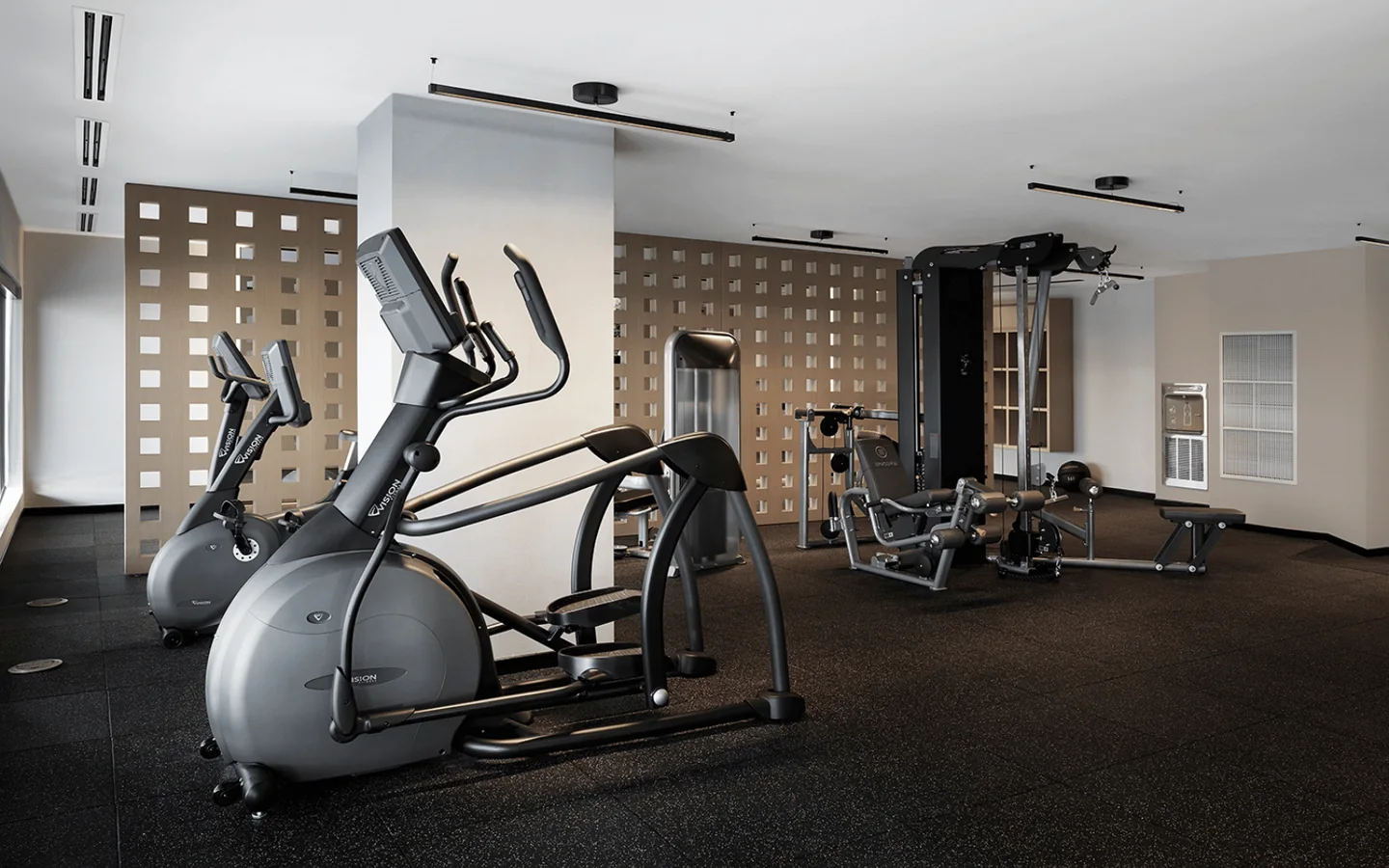Photograph of the Station No. 3 gym, showing cardio and strength-training equipment.