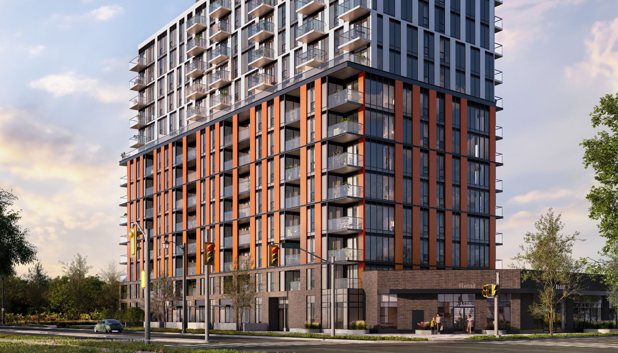 Artist’s concept of The Laurels condominium exterior and landscaped frontage.
