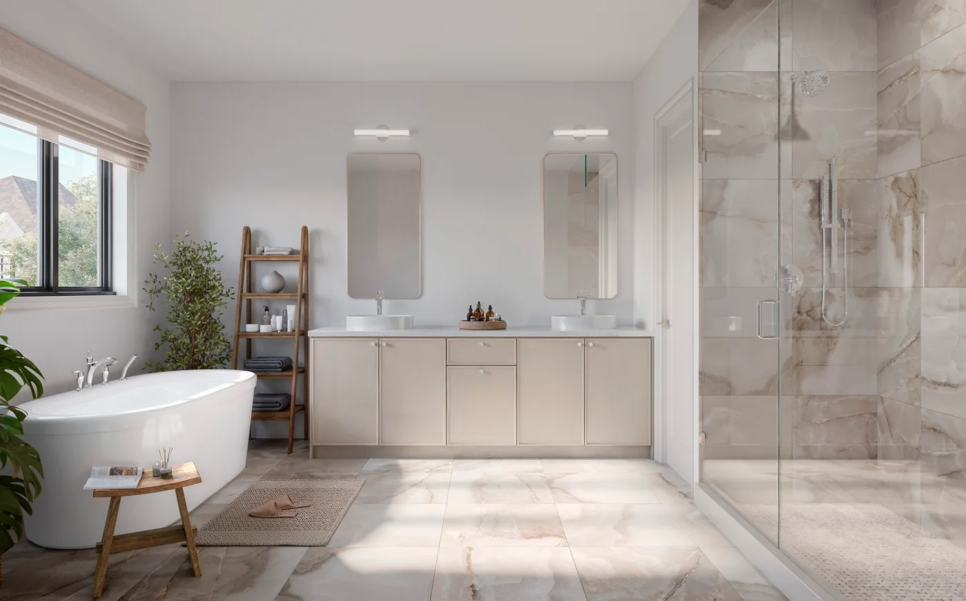 Union Village ensuite rendering with a freestanding bathtub, double vanity and glass shower
