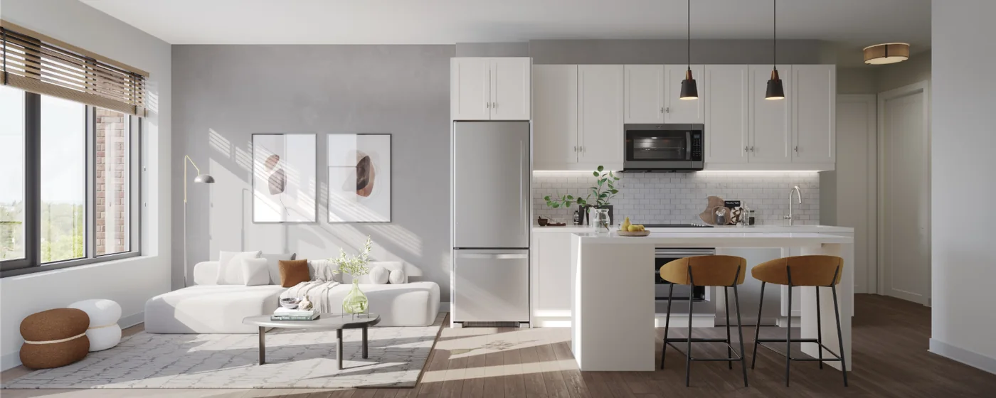 The Flats rendering showing an open living room and kitchen at Westshore