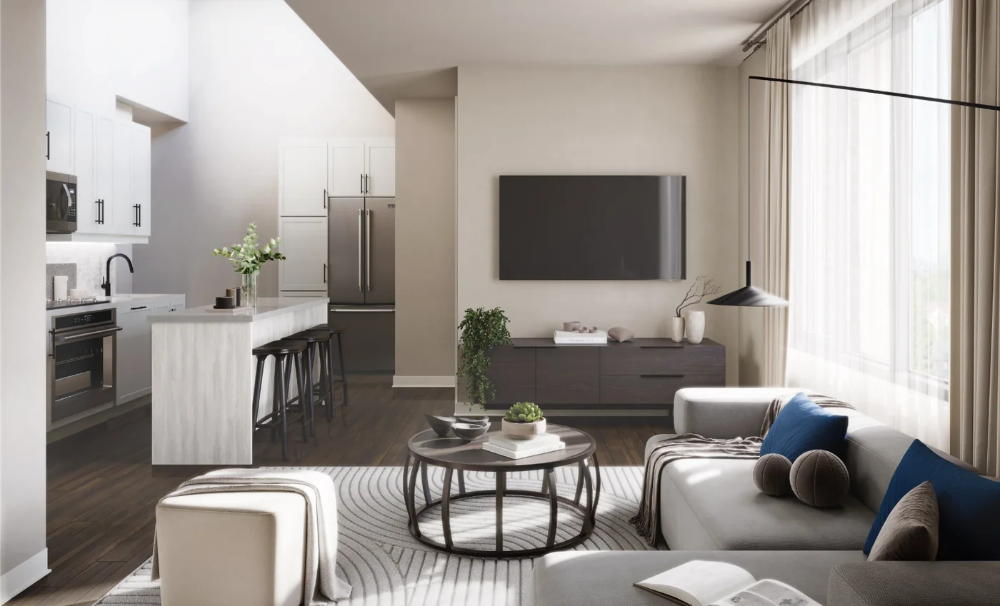 Sky Towns rendering showing the open kitchen and living area at Westshore