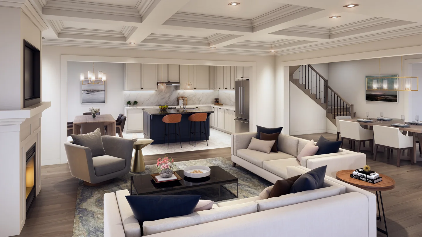 Artist’s concept of an open living, dining and kitchen interior.