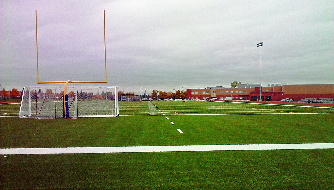 Loyola Catholic Secondary School playing field with school building beyond